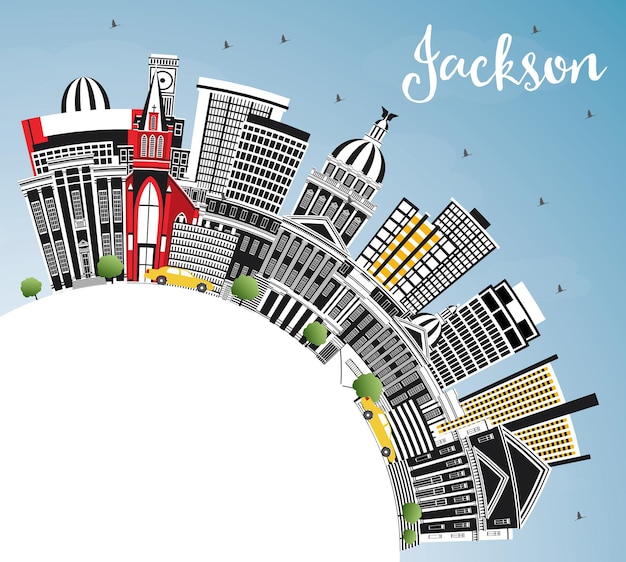 Jackson Mississippi City Skyline with Gray Buildings, Blue Sky and Copy Space. Vector Illustration. Travel and Tourism Concept with Historic Architecture. Jackson USA Cityscape with Landmarks.