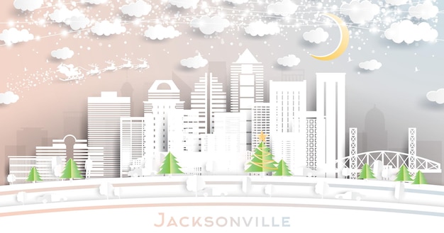 Vector jacksonville florida city skyline in paper cut style with snowflakes moon and neon garland