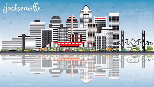 Jacksonville Skyline met grijze gebouwen, blauwe lucht en reflecties vectorillustratie