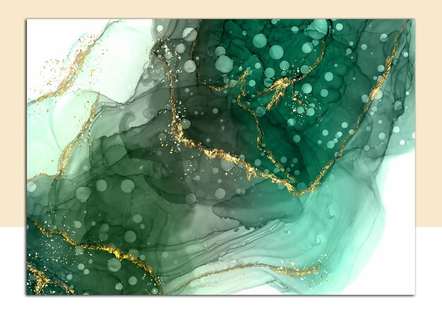 Vector jade green hand painted alcohol ink background with glitter elements 0202