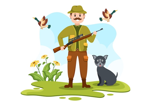Jager met jachtgeweer of wapen schieten op vogels of dieren in het bos op vlakke afbeelding