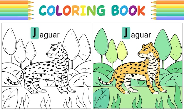 Vettore libro da colorare jaguar per bambini animale da disegno a mano