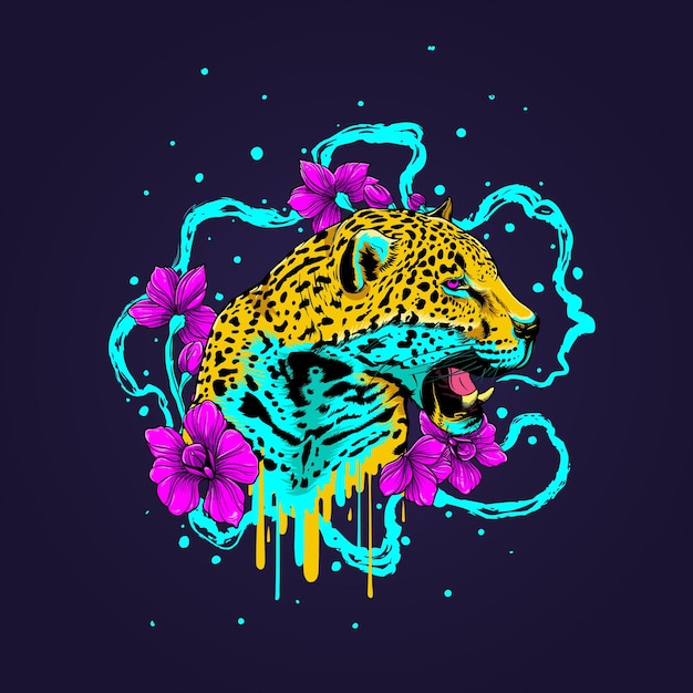 Vector jaguar en bloemen moderne illustratie