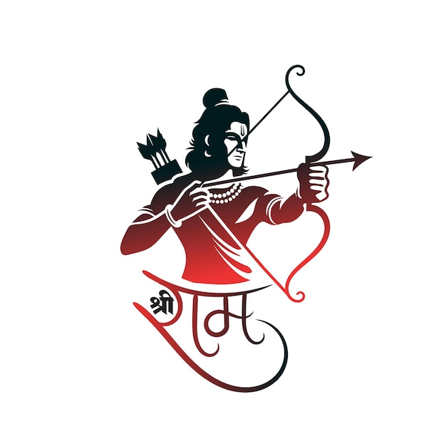 Vector jai shree ram hindi kalligrafie met lord rama illustratie en boog pijl