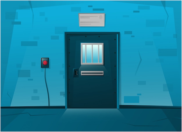 Jail locked door in cartoon style. Red button on the wall.