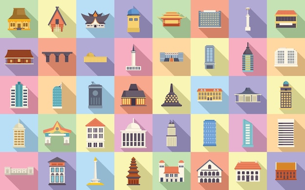 jakarta icons set flat vector landmark building asia culture