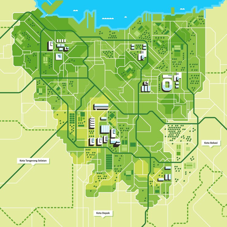 Vector jakarta indonesia capital city green map minimalist stylized modern wireframe cityscape poster