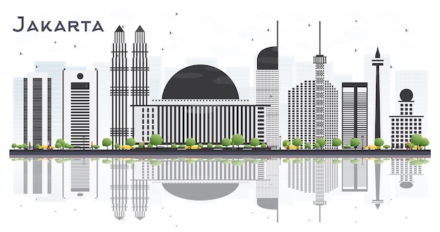 jakarta indonesia city skyline with gray buildings and reflections isolated on white background
