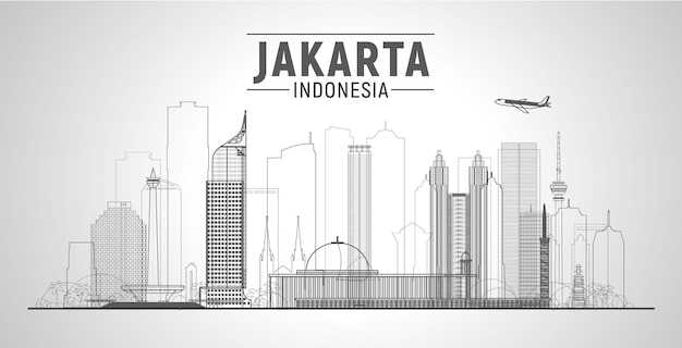 Jakarta Indonesia line city skyline on a white background Flat vector illustration Business travel and tourism concept with modern buildings Image for banner or web site