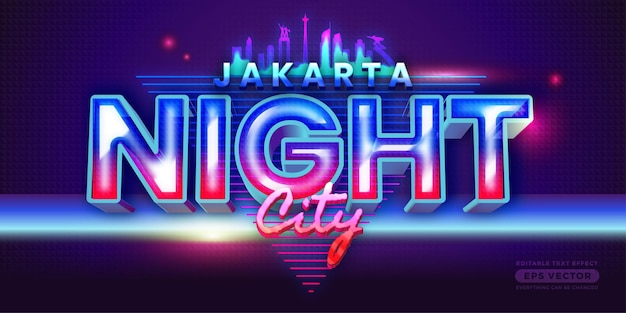 자카르타 나이트 시티 레트로 텍스트 효과(Jakarta Night City Retro Text Effect)는 트렌디한 전단지 포스터 및 배너 템플릿 프로모션을 위한 레트로 현실적인 네온 라이트 개념을 테마로 합니다.