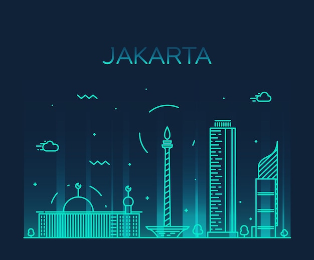 Jakarta skyline, detailed silhouette. Trendy vector illustration