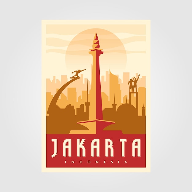 Vector jakarta skyline landmark poster vintage vector minimal symbol background illustration design
