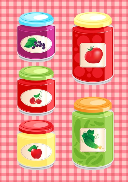 Jam en groenten in het zuur in glazen potten op de achtergrond geruit tafelkleed