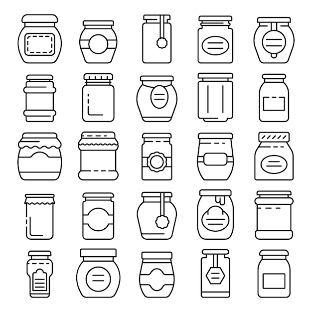 Jam jar icons set, outline style