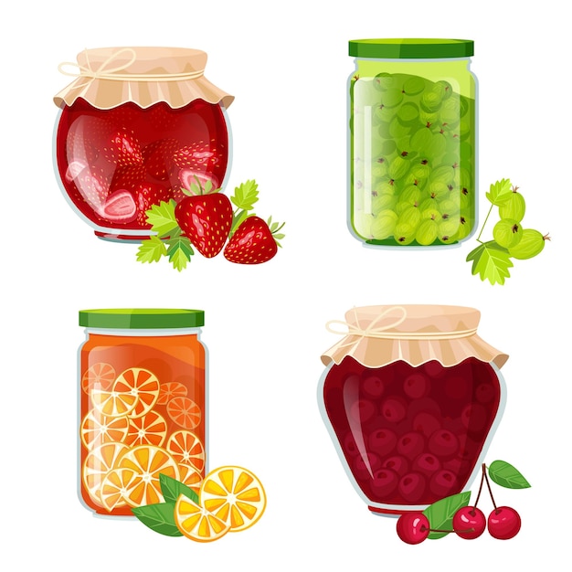 Jam jars. Marmalade sugar healthy fruits dessert in pot illustration