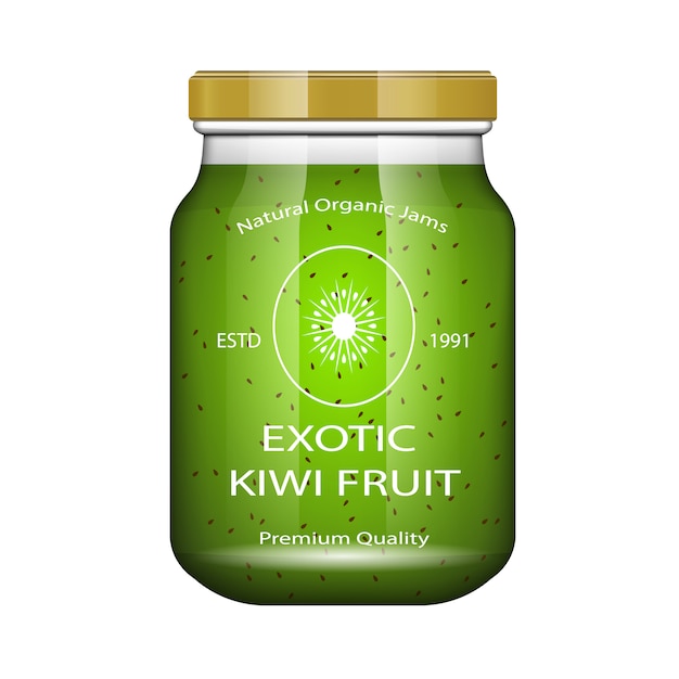 Vector jam kiwi. glass jar with jam and configure.  packaging collection. label for jam. bank realistic.