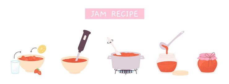 Vector jam recipe cooking homemade strawberry marmalade with sugar and lemon juice step by step sweet dessert for preserve racy vector illustration