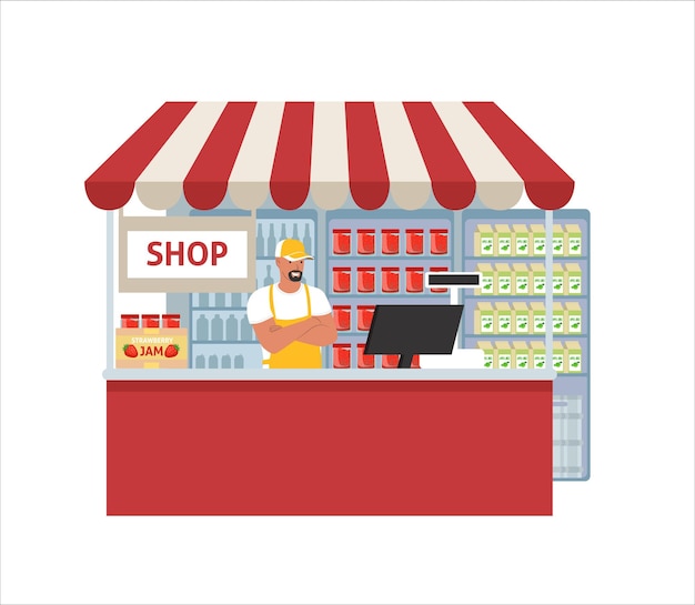 Jam store flat vector illustration supermarket grocery store canned fruits section retail shop small...