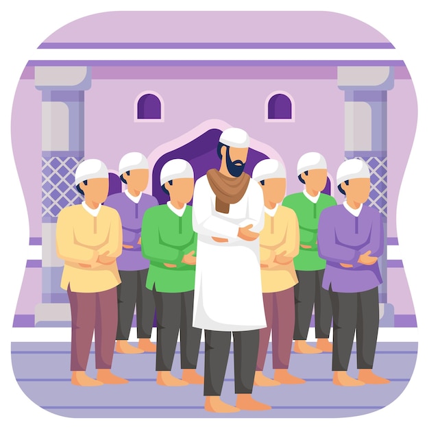 Vettore jamaah o jamat concept gruppo di musulmani che offre il vettore di preghiera del festival design ramazan eid alfitr