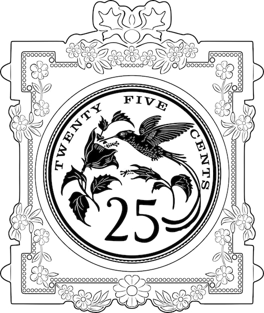 jamaica 25 cent coin with hummingbird bird line design and frame handmade silhouette