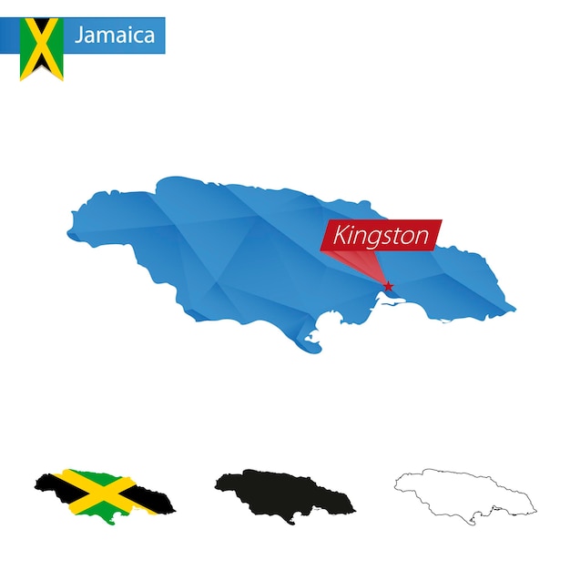 Mappa blu della giamaica low poly con la capitale kingston