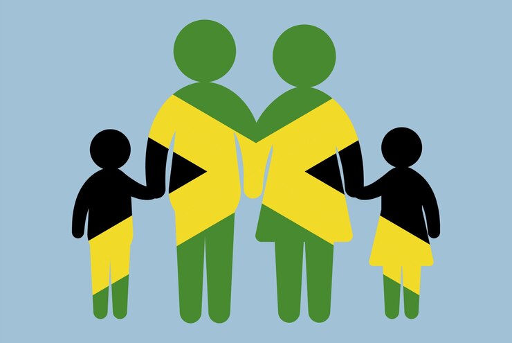 Vector jamaica flag with family concept parent and kids holding hands immigrant idea flat design asset