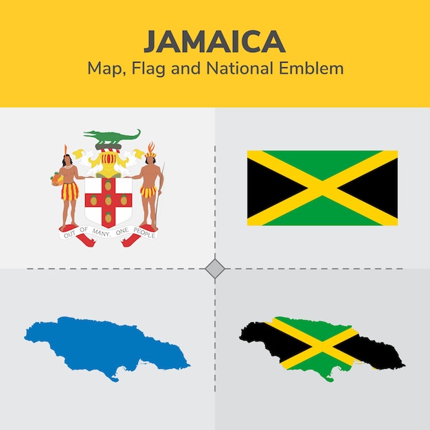 Jamaica map, flag and national emblem