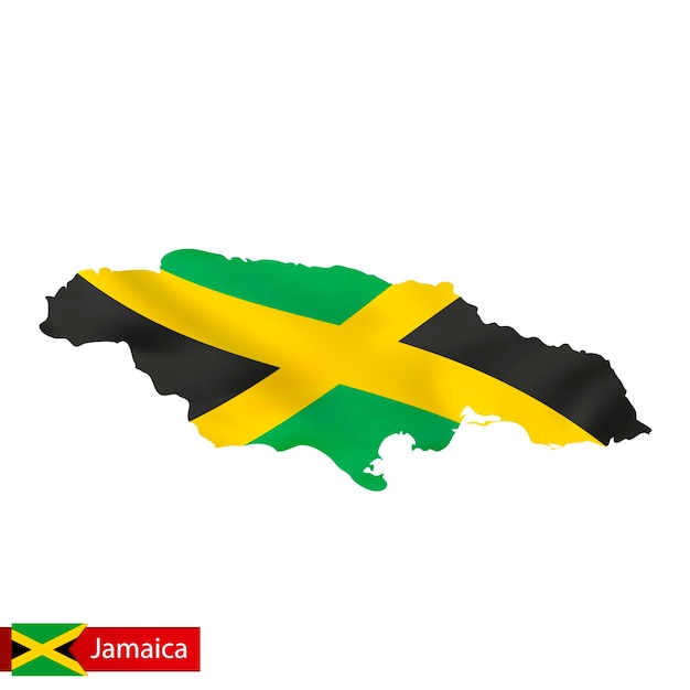Jamaica map with waving flag of country