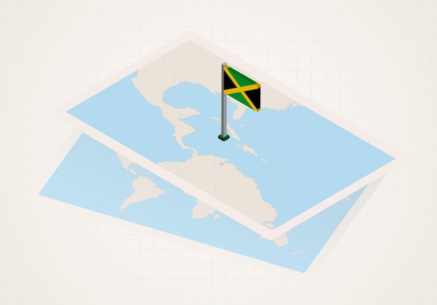 자메이카의 아이소메트릭 플래그로 지도에서 선택한 자메이카