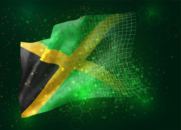 Jamaica, on vector 3d flag on green background with polygons and data numbers