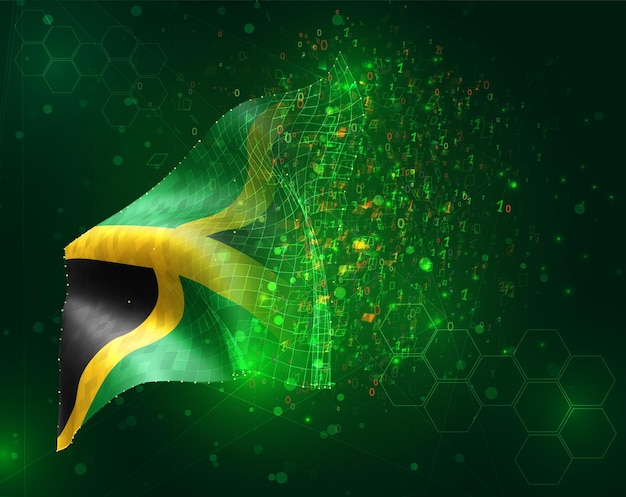 Jamaica, vector 3d vlag op groene achtergrond met veelhoeken en gegevensnummers