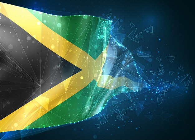 Jamaica, vlag, virtueel abstract 3D-object van driehoekige veelhoeken op een blauwe achtergrond