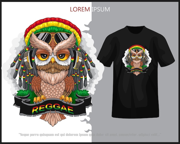 Jamaican owl bird using earphone isolated on black tshirt