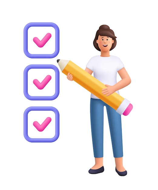 Jane vrouw en het doen van checklist met potlood deadline planning concept 3d vector mensen karakter
