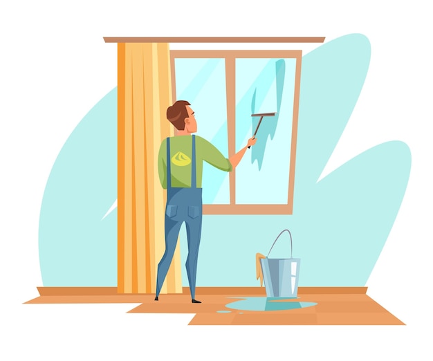 janitor or cleaner character in uniform man cleaning window with special scraper wiper tool