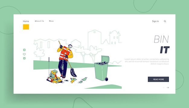 Janitor male character in mask and uniform sweeping rubbish and waste on street landing page template. people throwing used medical mask on road ignoring litter bin. linear people vector illustration