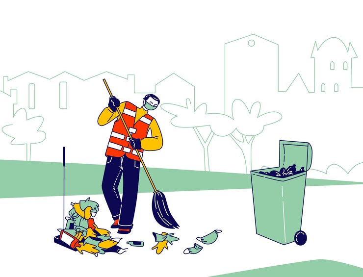 Vector janitor male character in respirator mask and uniform sweeping covid rubbish and waste on street