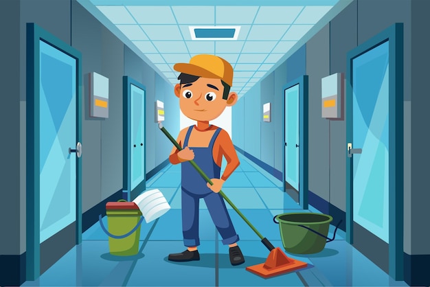 Вектор janitor wielding a mop and bucket transforms a grimy hallway into a sparkling clean corridor