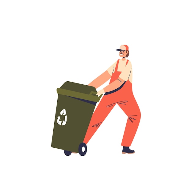 Il lavoratore del bidello spinge il contenitore dei rifiuti del bidone della spazzatura per il riciclaggio il lavoratore sanitario raccoglie i rifiuti