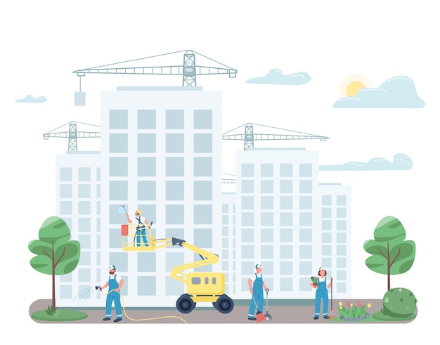 Vector janitorial team cleaning street flat color faceless characters. janitors on construction site isolated cartoon illustration for web graphic design and animation. commercial cleaning service