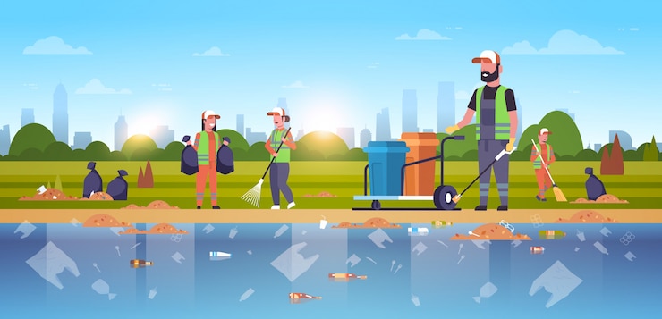 Vector janitors group gathering garbage cleaners team in uniform working together on beach area cleaning service environmental improvement concept public river bank cityscape background horizontal