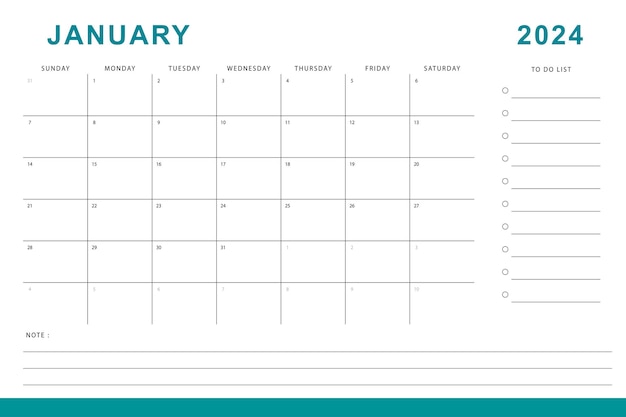 Vector januari 2024 kalender maandelijkse planner sjabloon zondag start vector ontwerp