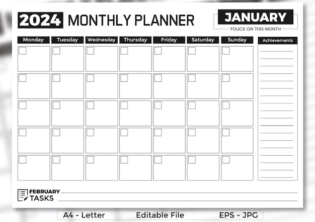 Vector januari 2024 maandelijks planner minimalistische sjabloon in a4 formaat