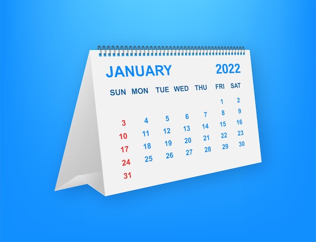 2022年1月カレンダーリーフ。フラットスタイルのカレンダー2022。ベクトルイラスト。