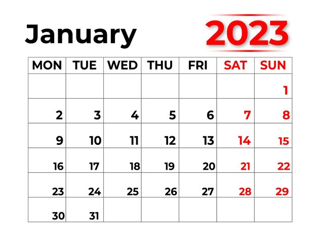 2023年1月 マンスリーカレンダー すっきりとした見た目で、週は月曜日から赤と黒で始まります