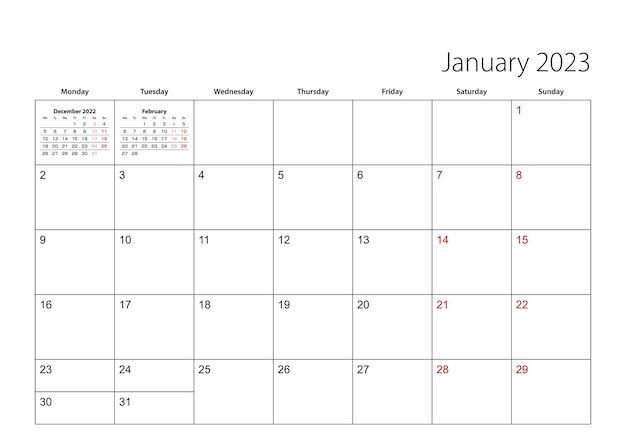 벡터 2023년 1월 심플 캘린더 플래너 주간 월요일부터 시작