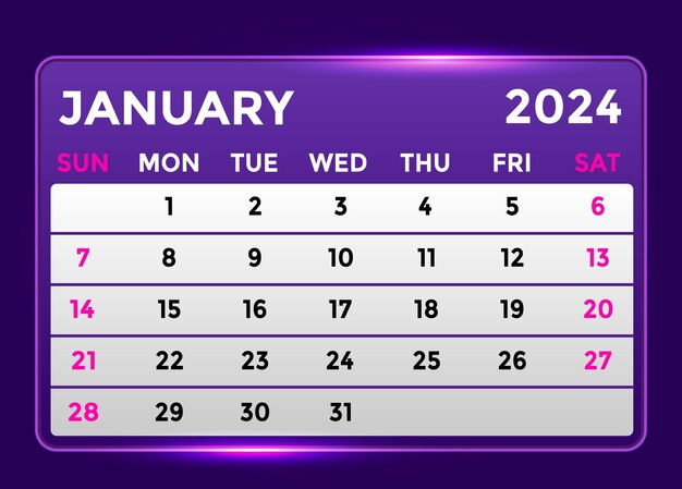 Ежемесячный современный дизайн календаря на Январь 2024 года с блестящим свечением в фиолетовом оттенке