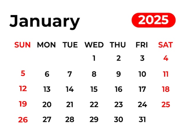 2025 年 1 月のカレンダーのデザインをクリーンに