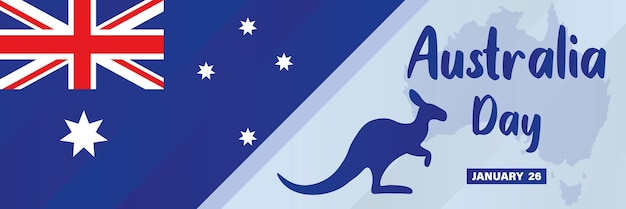 Vettore 26 gennaio happy australia day mappa della bandiera nazionale australiana e poster sullo sfondo del canguro
