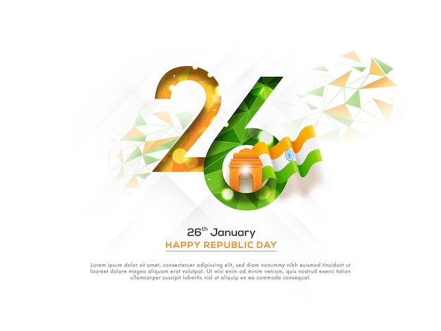 Vector january of 26 number in polygonal lines with india gate and national flag